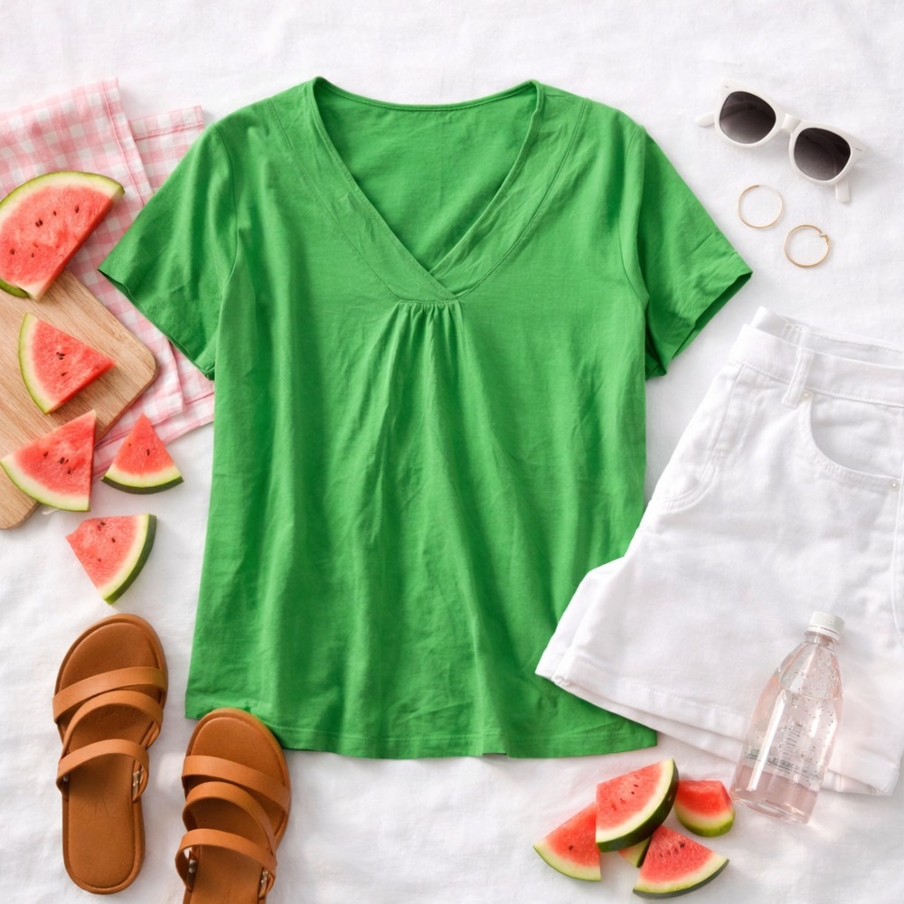 Lane Bryant Green V-Neck Short Sleeve Top | Size 26/28 (3X) | Stretch Cotton